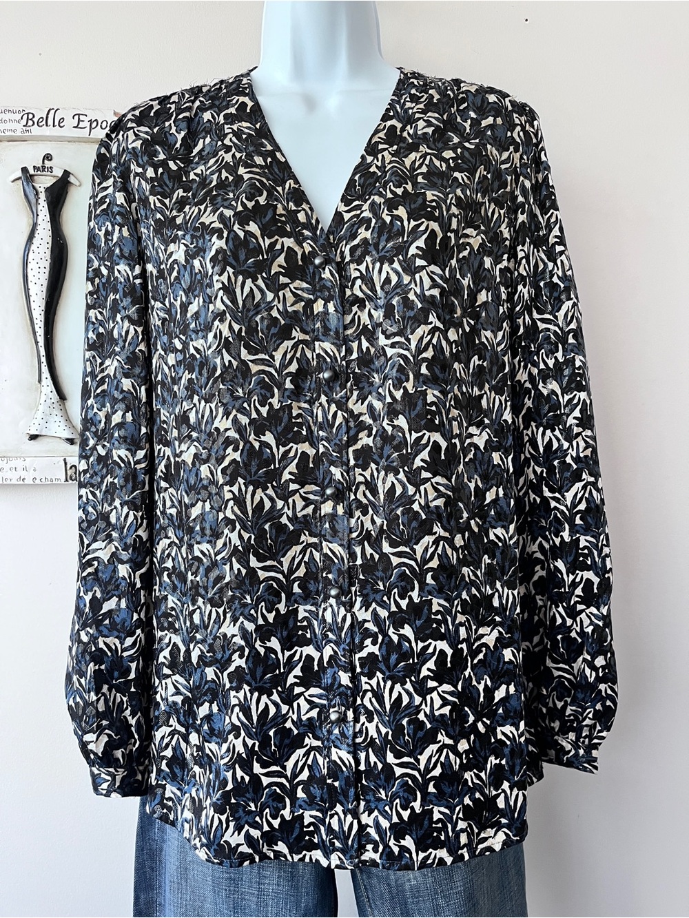 Tory Burch Silk Blue Metallic Floral Long Sleeve V-Neck Blouse Size 10
